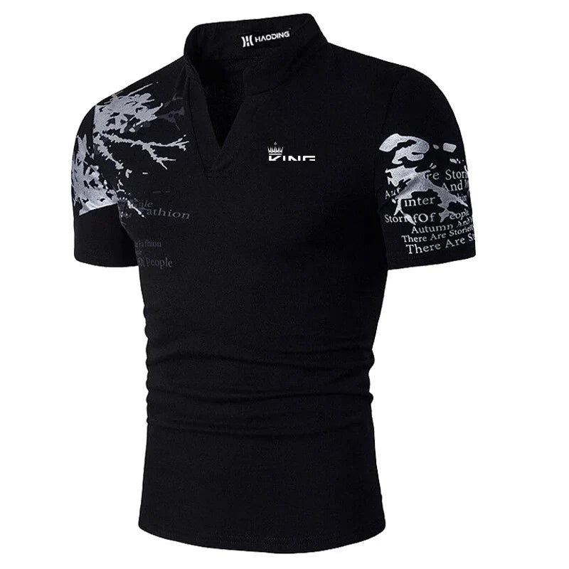 Men's V-Neck Slim Fit Polo Shirt for Fall and Winter Everyday Wear Black