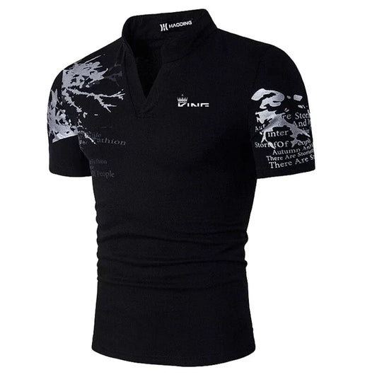 Men's V-Neck Slim Fit Polo Shirt for Fall and Winter Everyday Wear Black