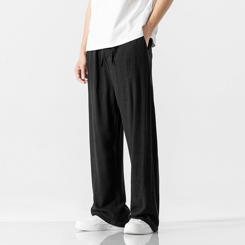 Men's Off-White Wide Leg Drawstring Trousers for Fall and Winter Black