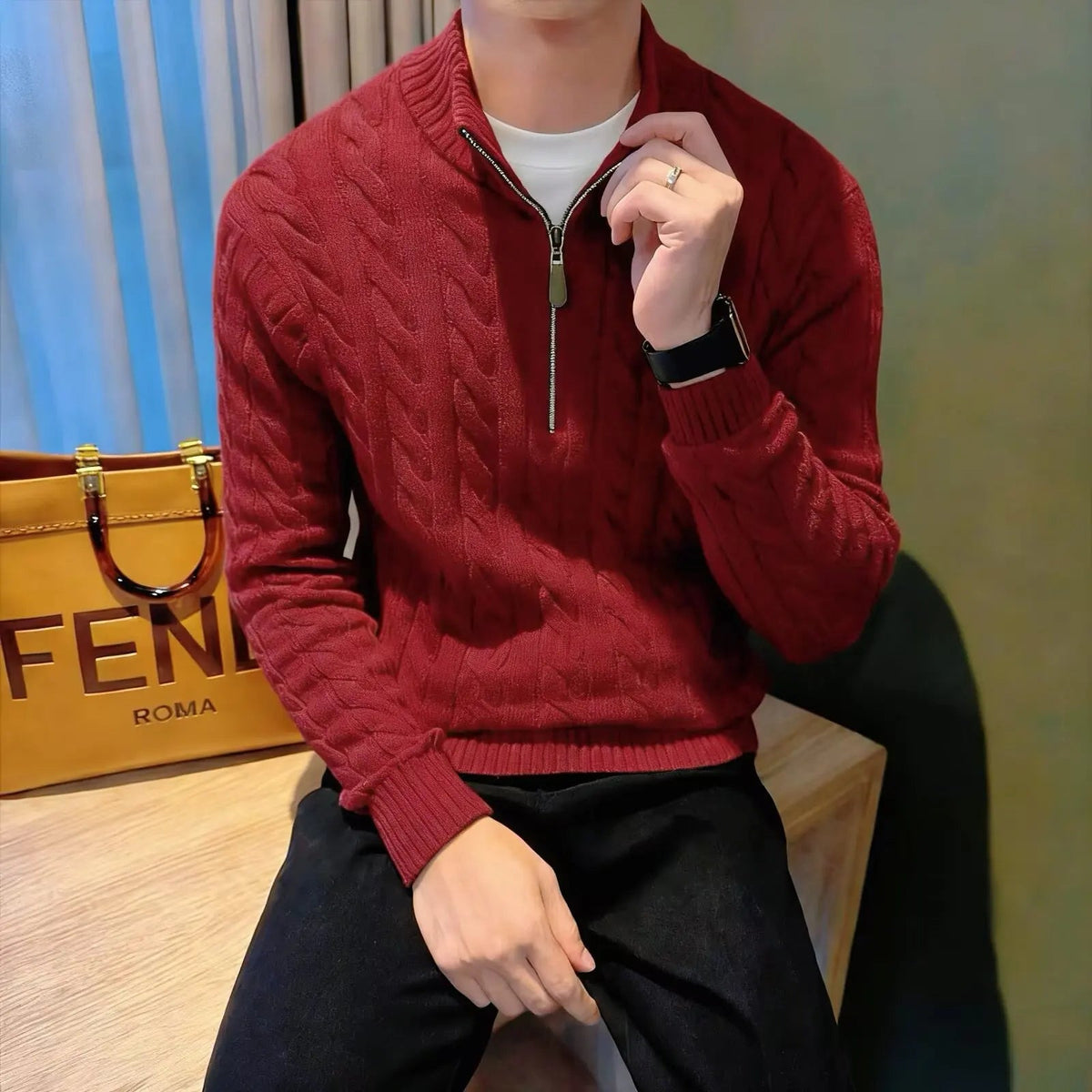 Men's Zip-Up Cable Knit Sweater for Fall and Winter Everyday Wear