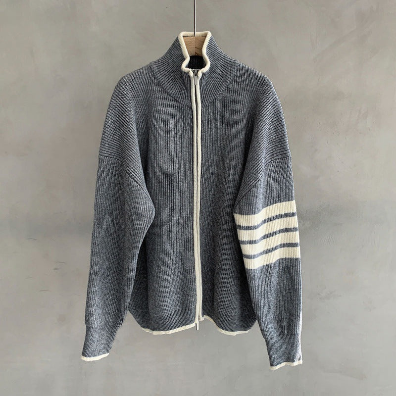 Men's Zip-Up Stand Collar Sweater for Fall and Winter Everyday Wear Grey
