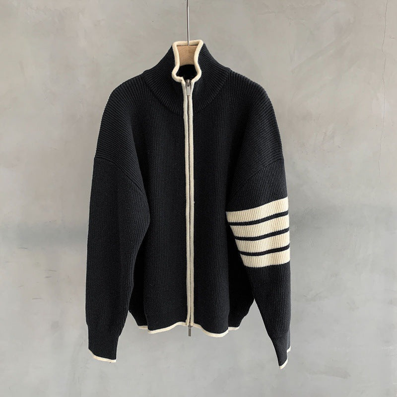 Men's Zip-Up Stand Collar Sweater for Fall and Winter Everyday Wear Black