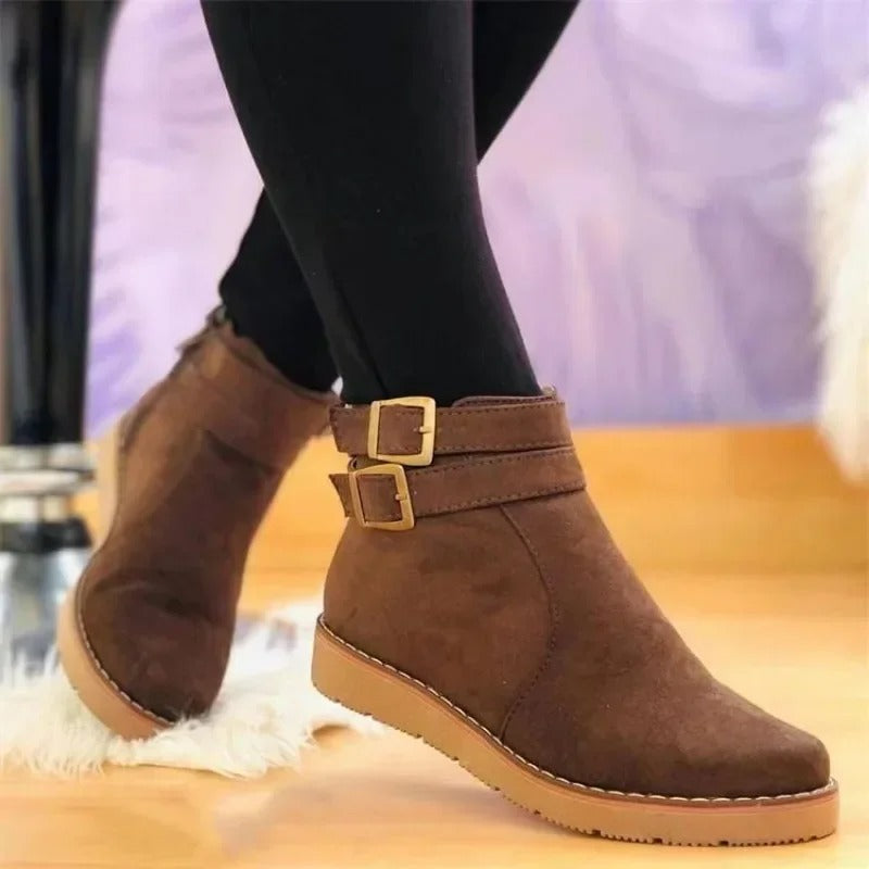 Women's Refined Double Buckle Flat Ankle Booties for Daily Use Brown