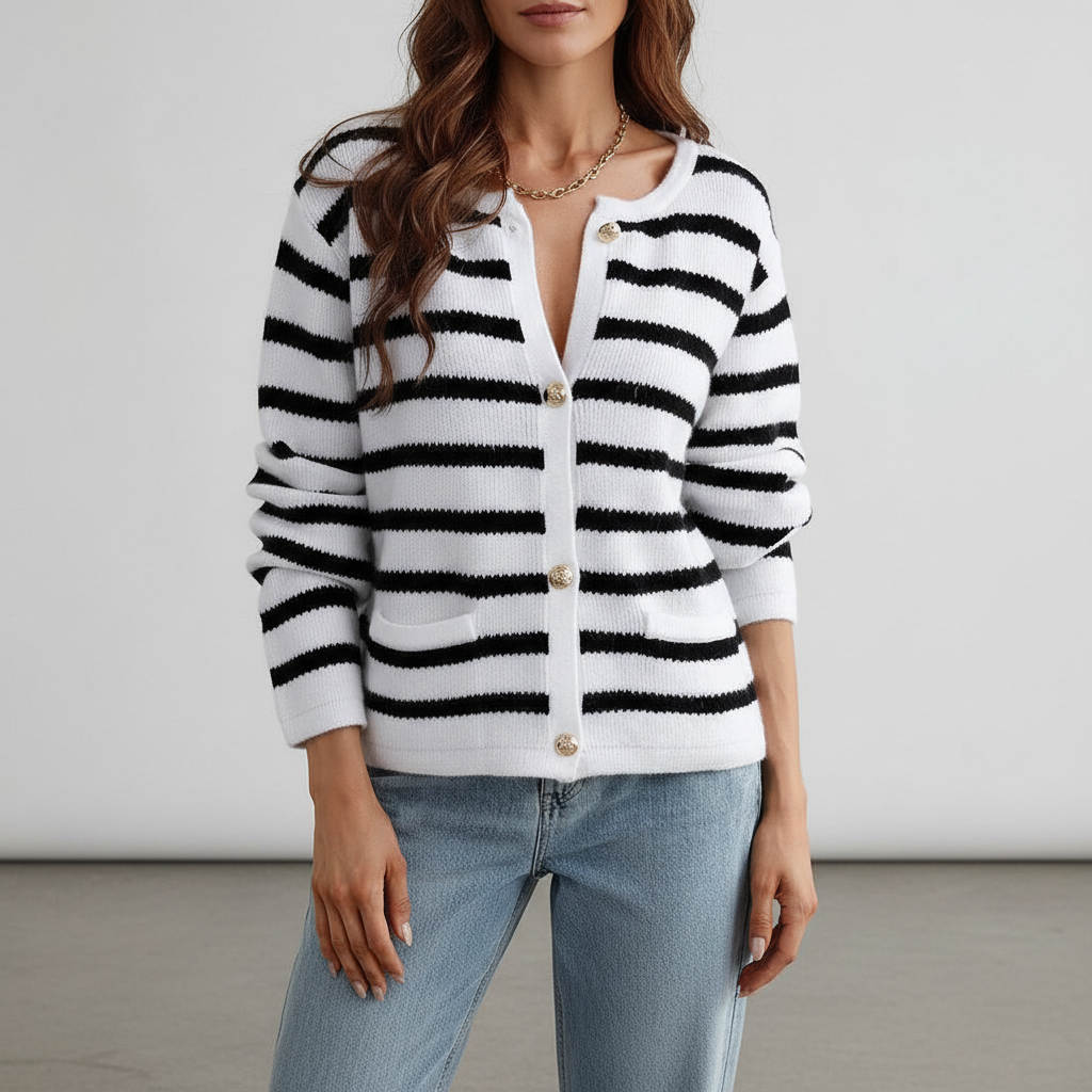 Women's Striped V-Neck Button-Front Cardigan for Daily Use White