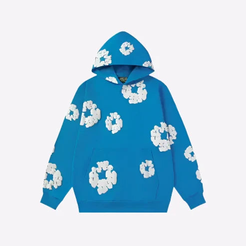 Men's Printed Denim-Style Hoodie – Unisex Streetwear Sweatshirt Blue