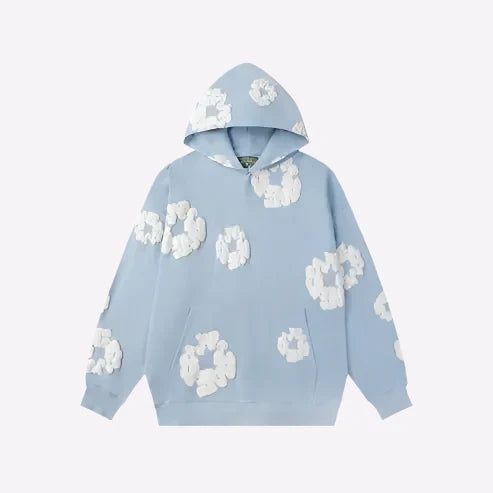 Men's Printed Denim-Style Hoodie – Unisex Streetwear Sweatshirt Blue Sky