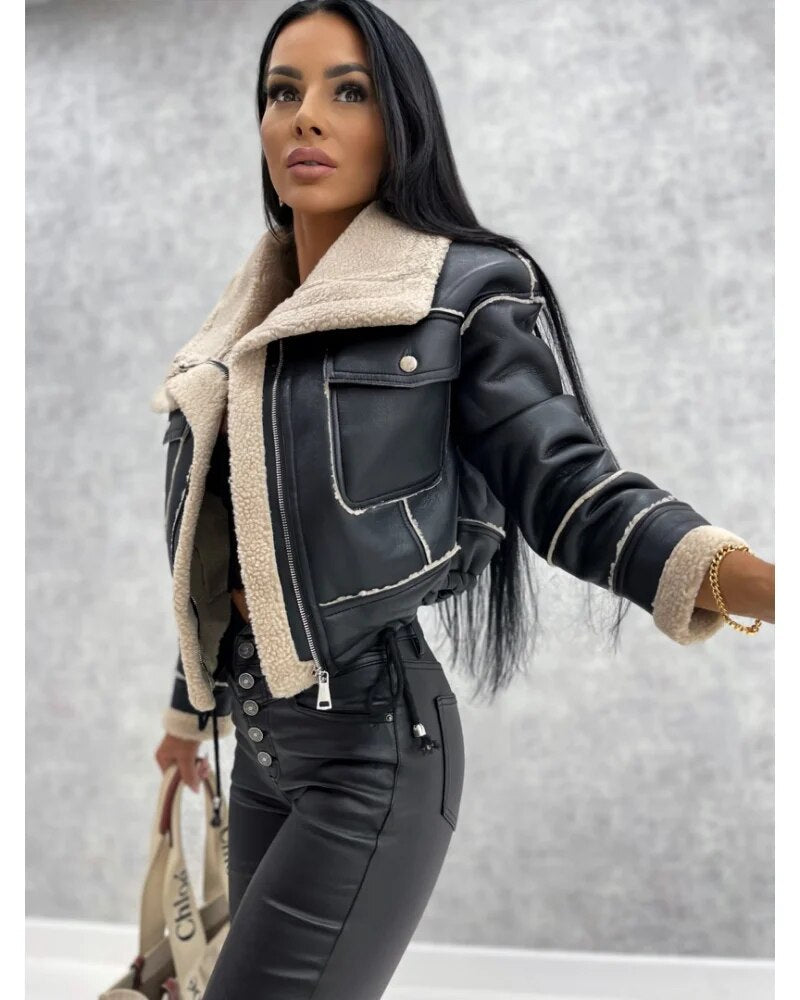 Women's Trendy Cropped Leather Jacket for Daily Use Warm