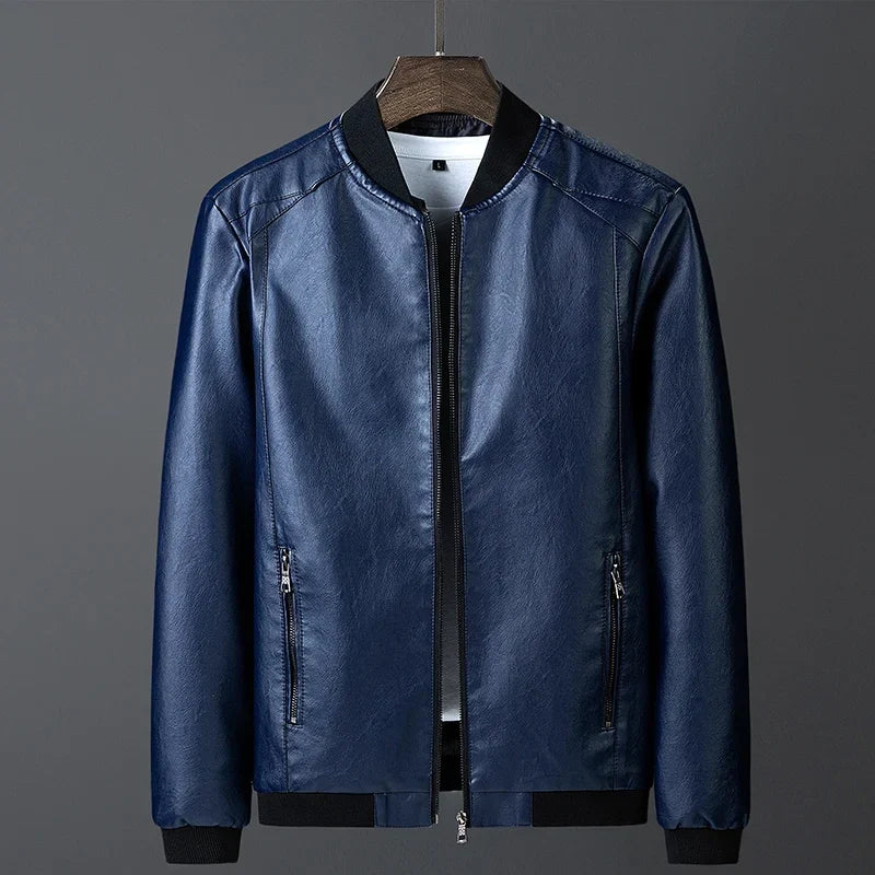 Men's Multi-Color Ribbed Premium Leather Jacket for Fall and Winter Blue