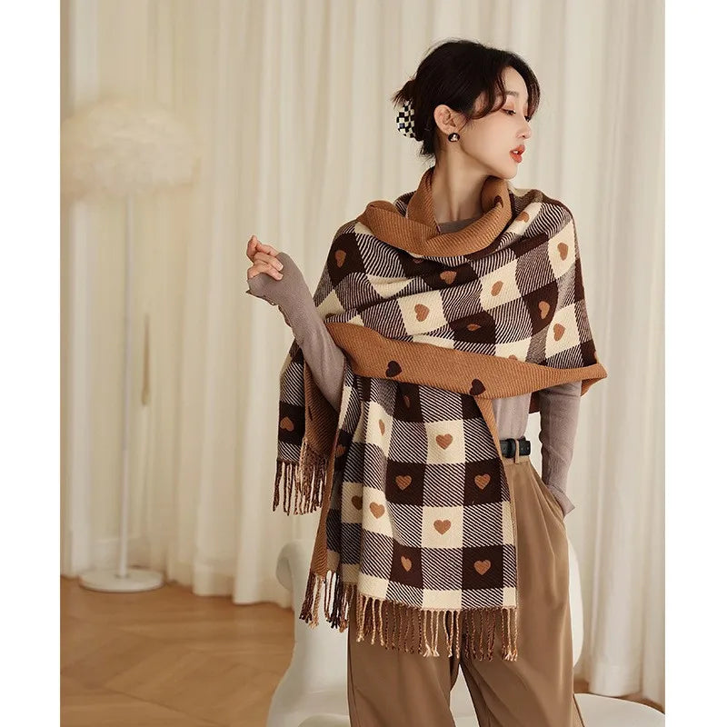 Women's Heart-Shaped Plaid Scarf, Thick Autumn and Winter Shawl