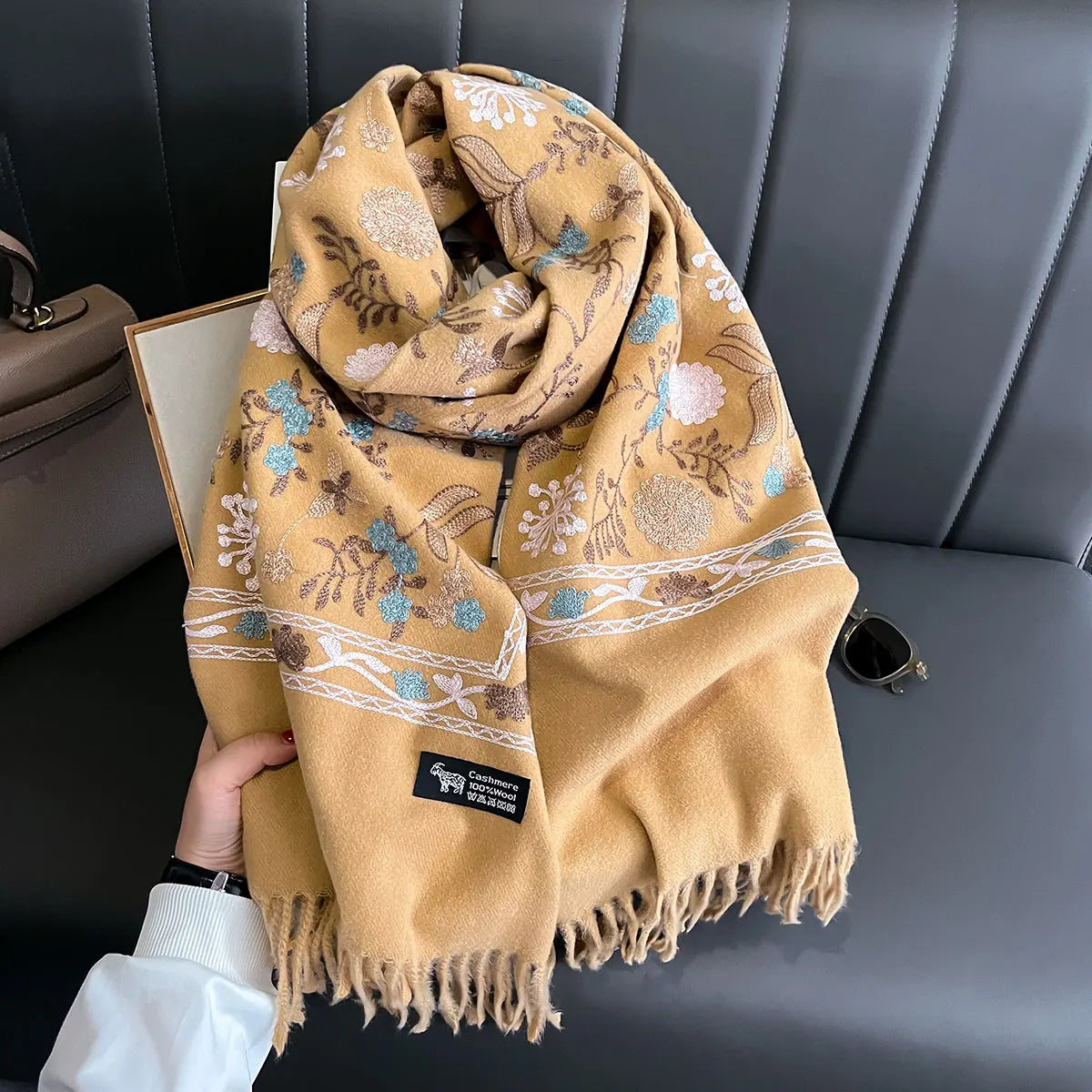 Women's Winter Warm Cashmere Scarf Embroidered Thick Shawl Wrap khaki
