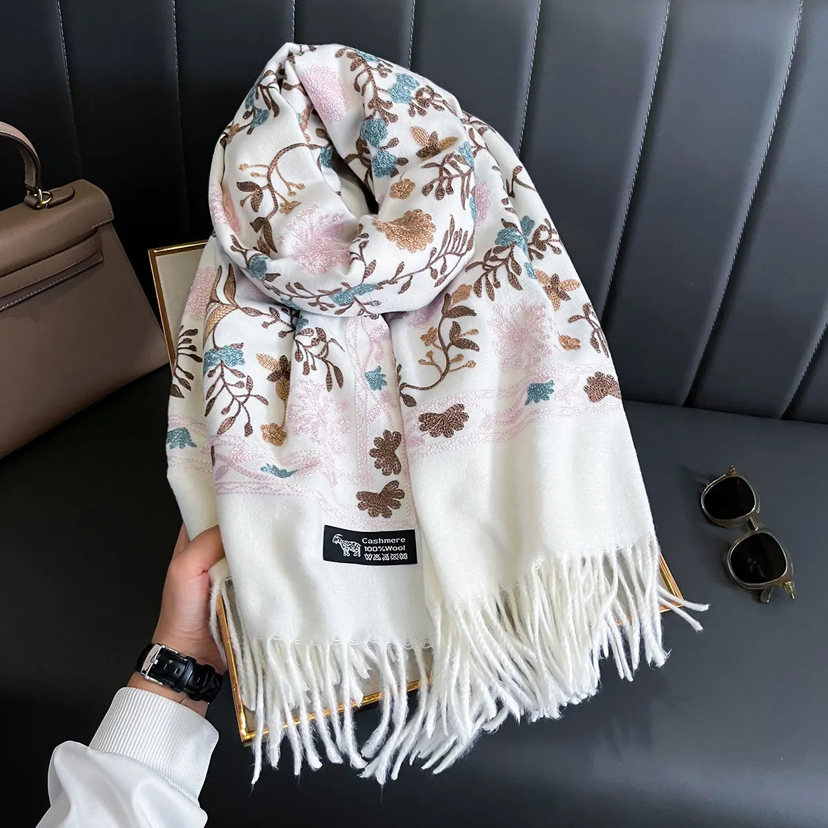 Women's Winter Warm Cashmere Scarf Embroidered Thick Shawl Wrap