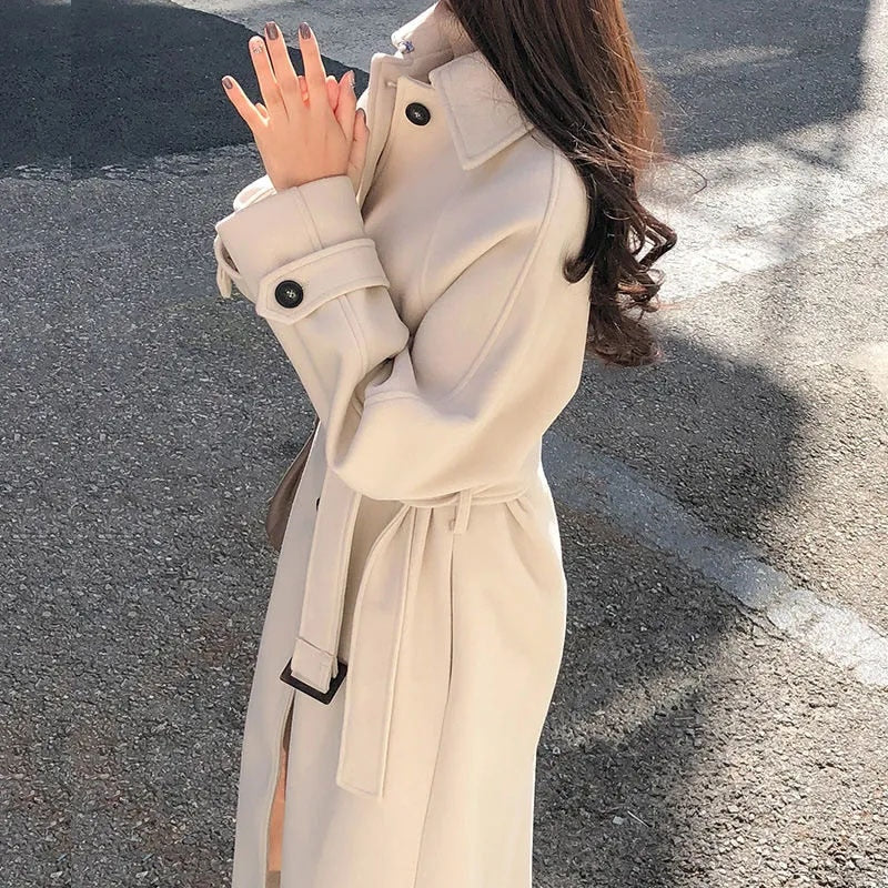 Women's Stylish Longline Belted Trench Coat for Daily Use