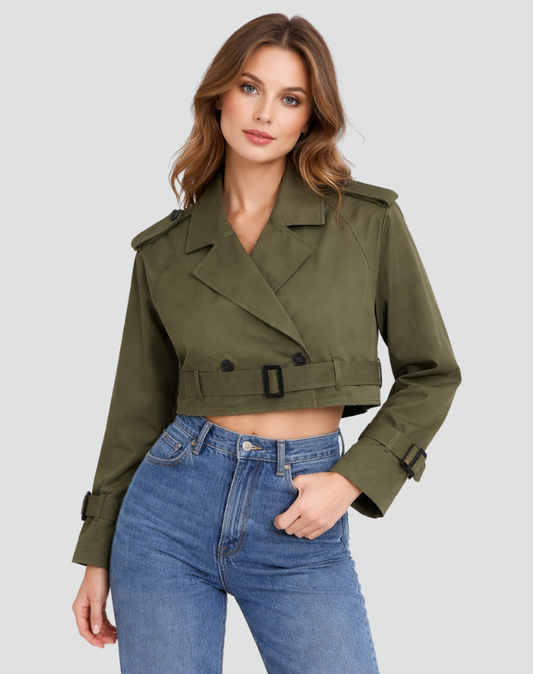 Women's Short Trench Coat with Belted Waist and Stylish Lapels Khaki