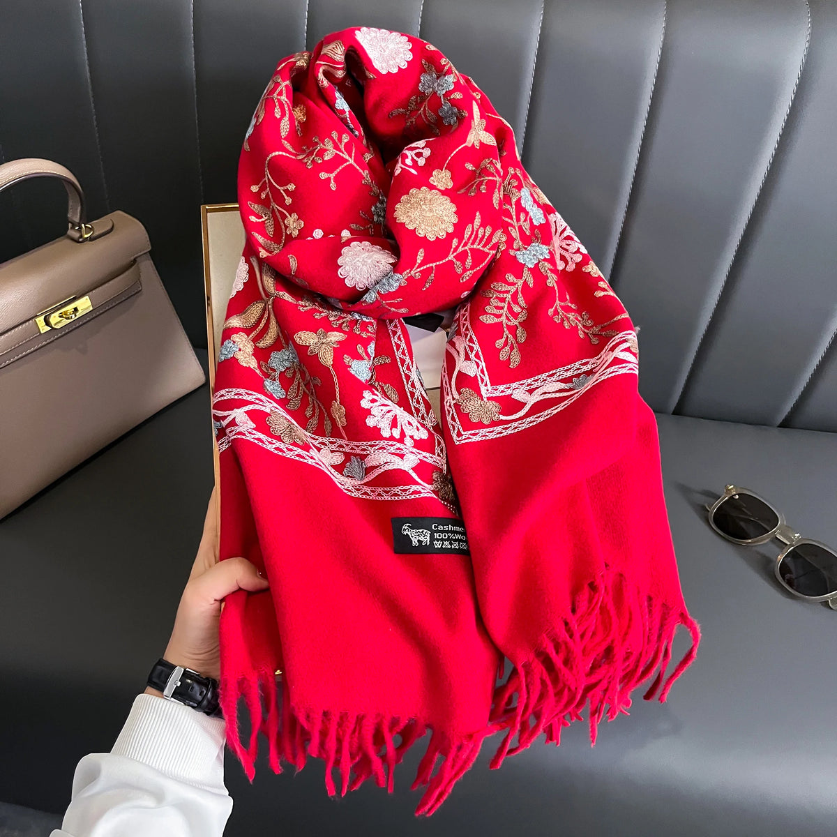 Women's Winter Warm Cashmere Scarf Embroidered Thick Shawl Wrap Red