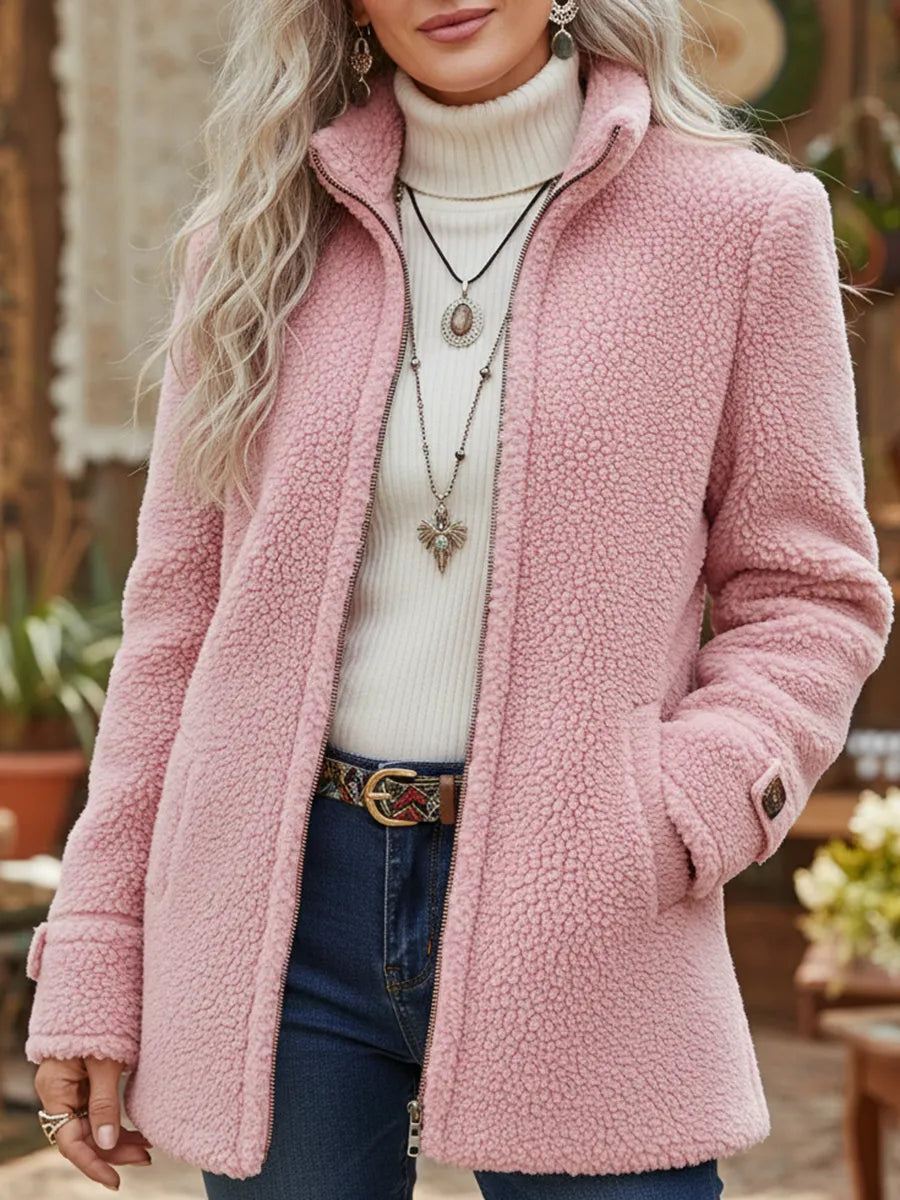 Women's Long Teddy Jacket Warm Fleece with Stand Collar Pink