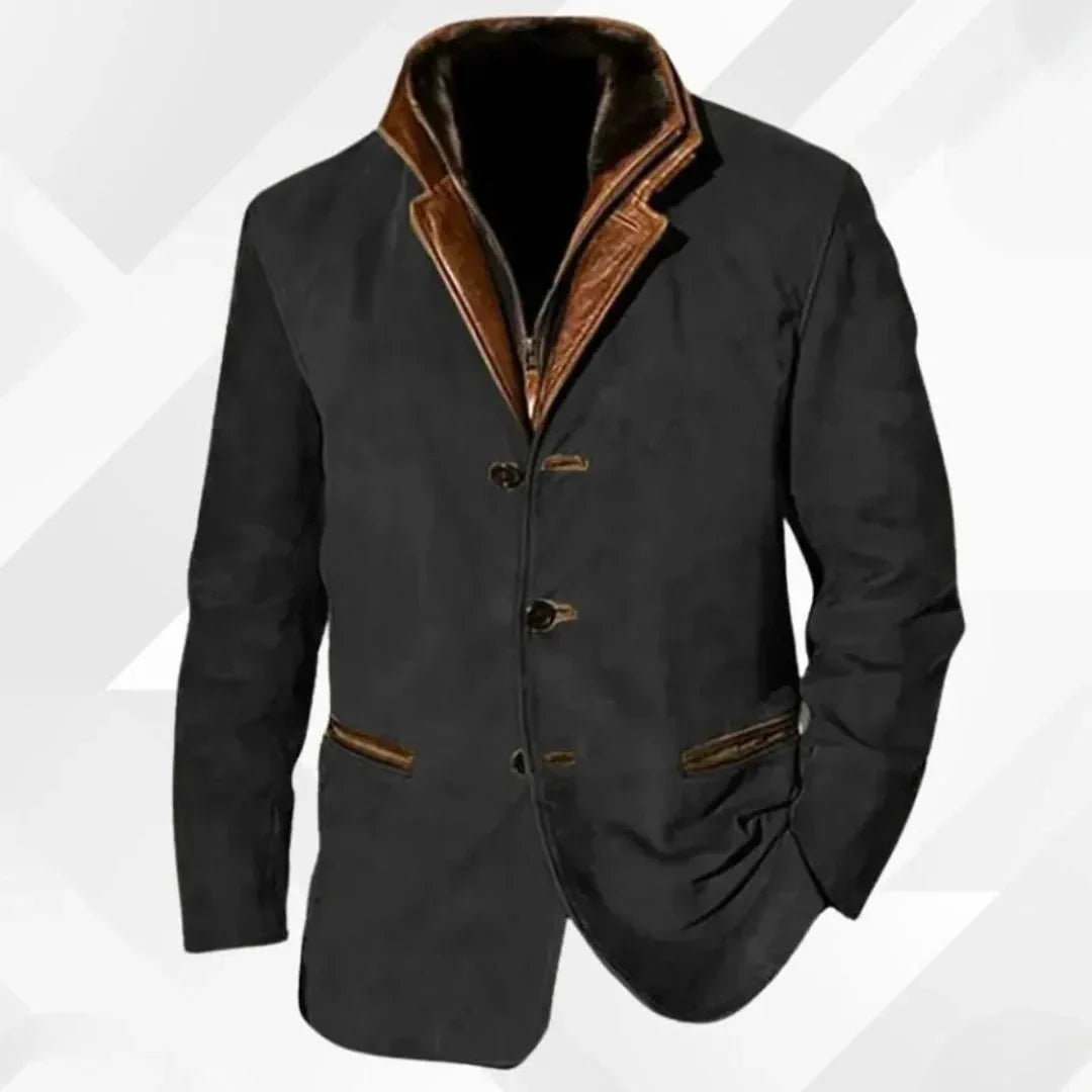 Men's Suede Blazer Jacket with Leather Collar Trim for Daily Use Black