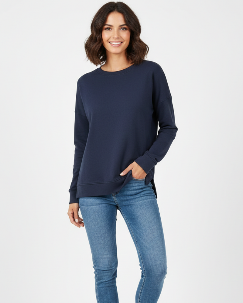 Women's Relaxed Crewneck Sweatshirt with Visible Seams for Daily Use Navy Blue