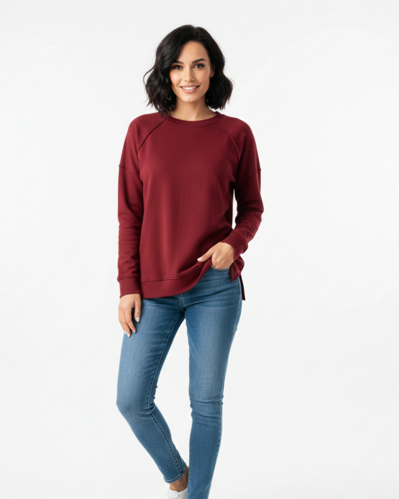 Women's Relaxed Crewneck Sweatshirt with Visible Seams for Daily Use Red