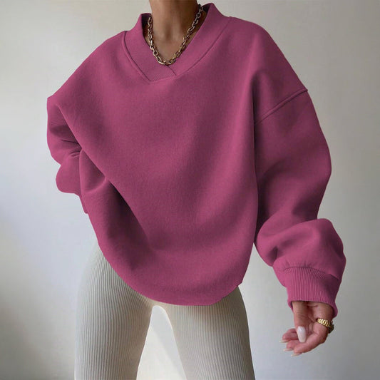 Women's Cozy Oversized V-Neck Fleece Sweatshirt with Ribbed Trim Pink