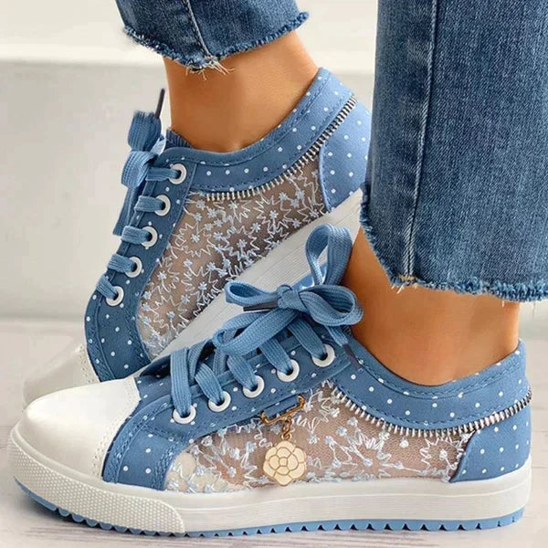 Women's Floral Mesh Lace-Up Casual Comfort Walking Sneakers Sky Blue