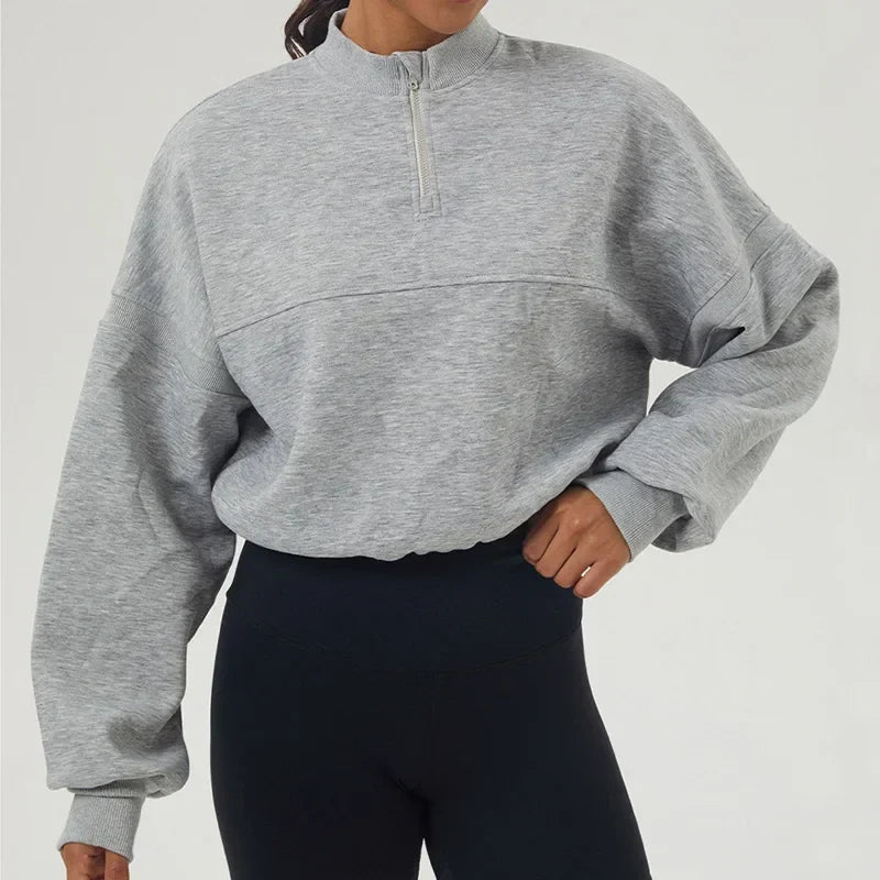 Women's Cropped Oversized Sweatshirt with Zip Closure for Daily Use Gray