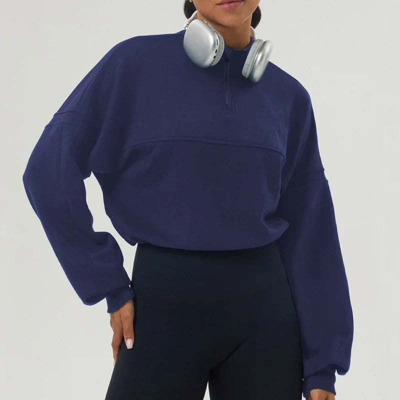 Women's Cropped Oversized Sweatshirt with Zip Closure for Daily Use Navy
