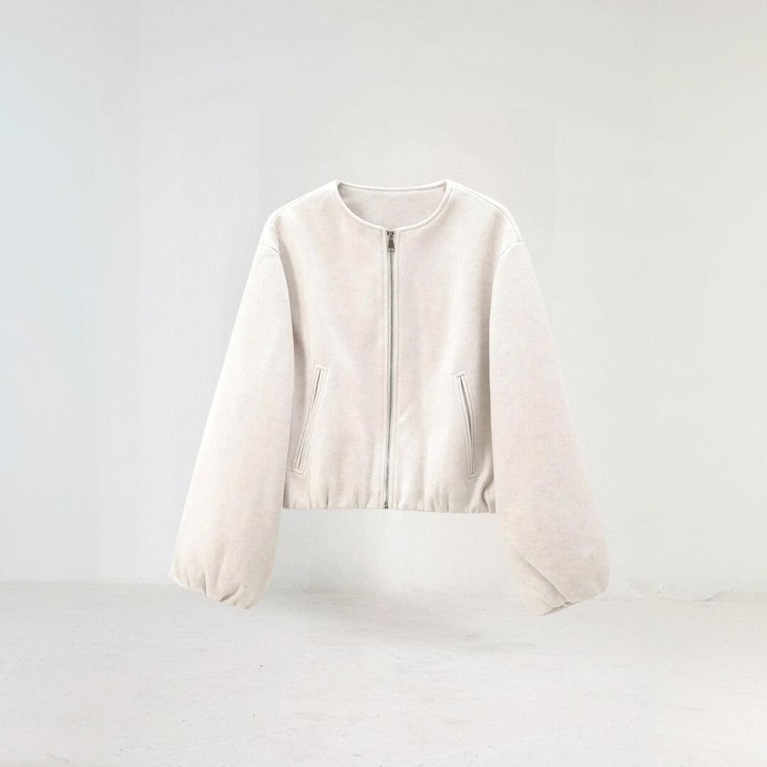 Women's Balloon Sleeve Zip-Up Bomber Jacket for Daily Use Beige