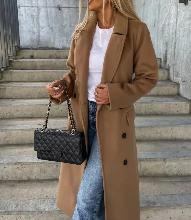 Women's Belted Double-Breasted Stylish Coat for Daily Use Brown