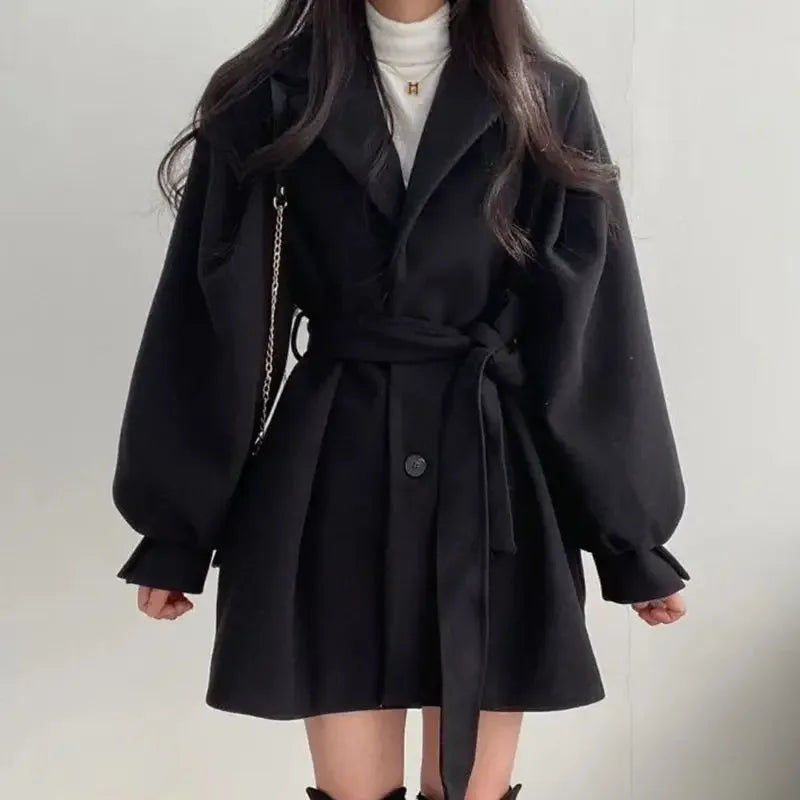 Women's Belted Wrap Mini Coat for Fall and Winter Everyday Wear Black