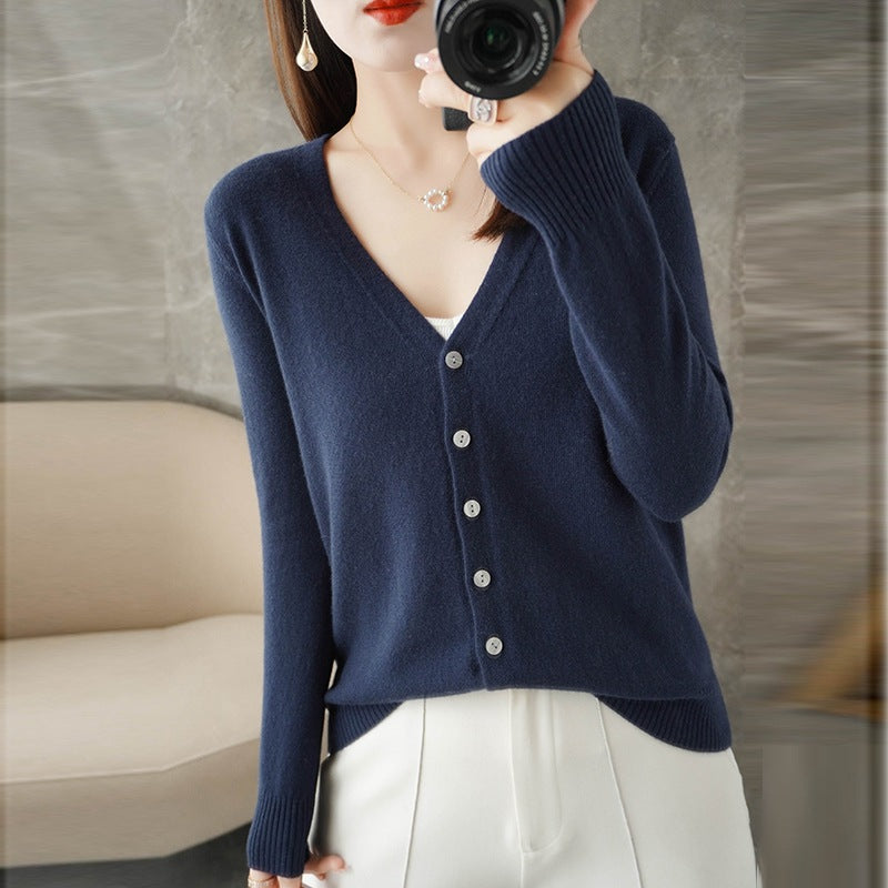 Women's Button-Down Long Sleeve Cardigan for Daily Use Warm Navy Blue