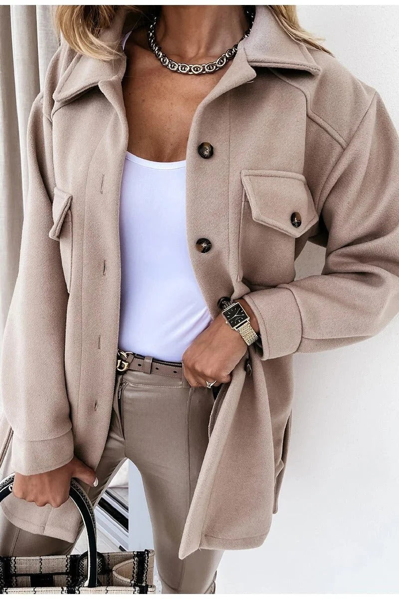 Women's Button-Down Overshirt Jacket for Fall and Winter Everyday Wear Beige