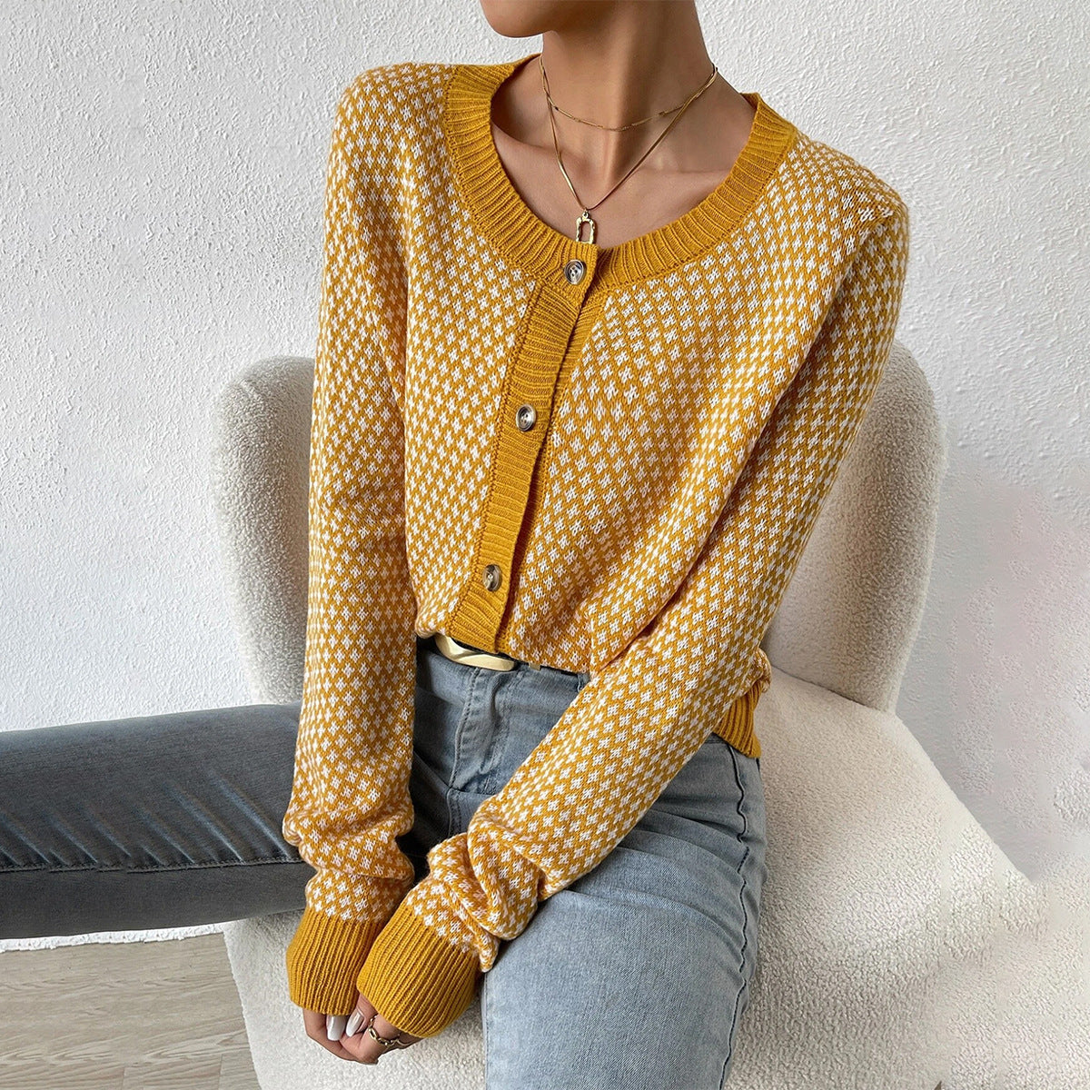 Women's Yellow Button-Front Long Sleeve Cardigan for Everyday Wear Yellow