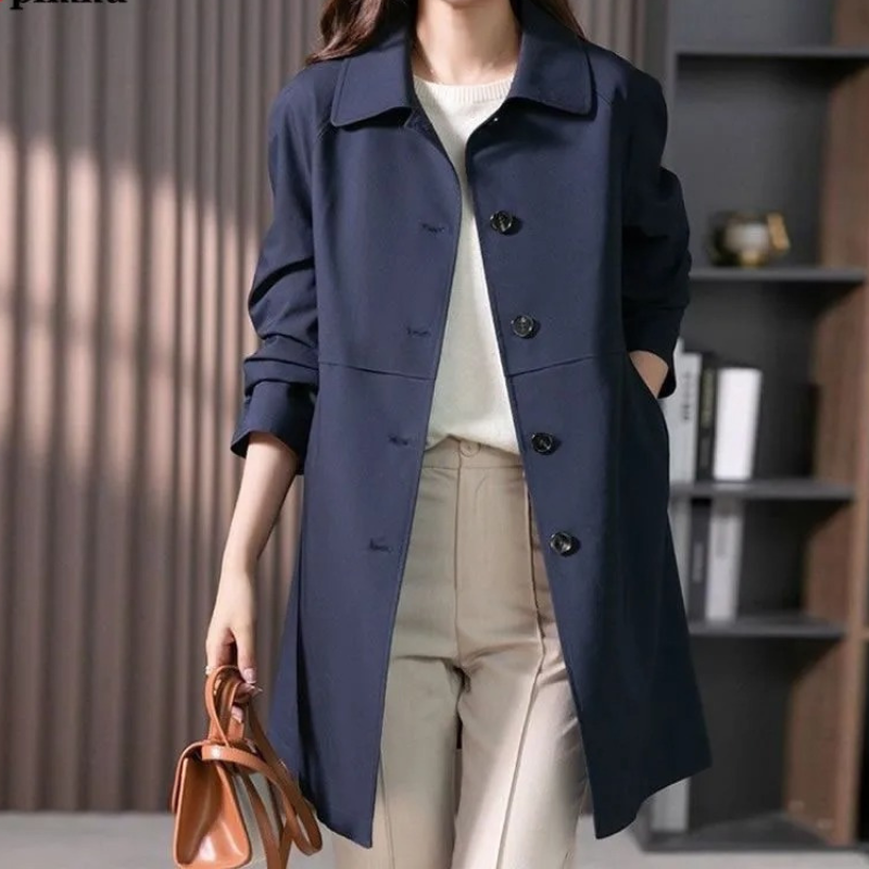 Women's Button-Front Mid-Length Trench Coat for Daily Use Dark Blue