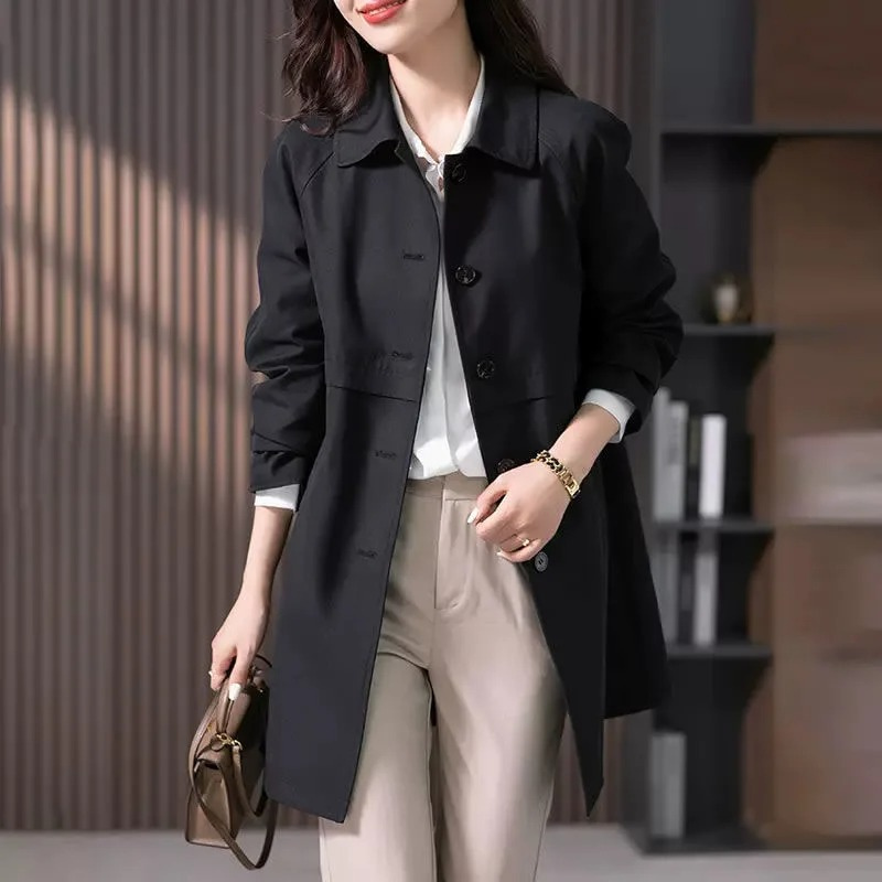 Women's Button-Front Mid-Length Trench Coat for Daily Use Black
