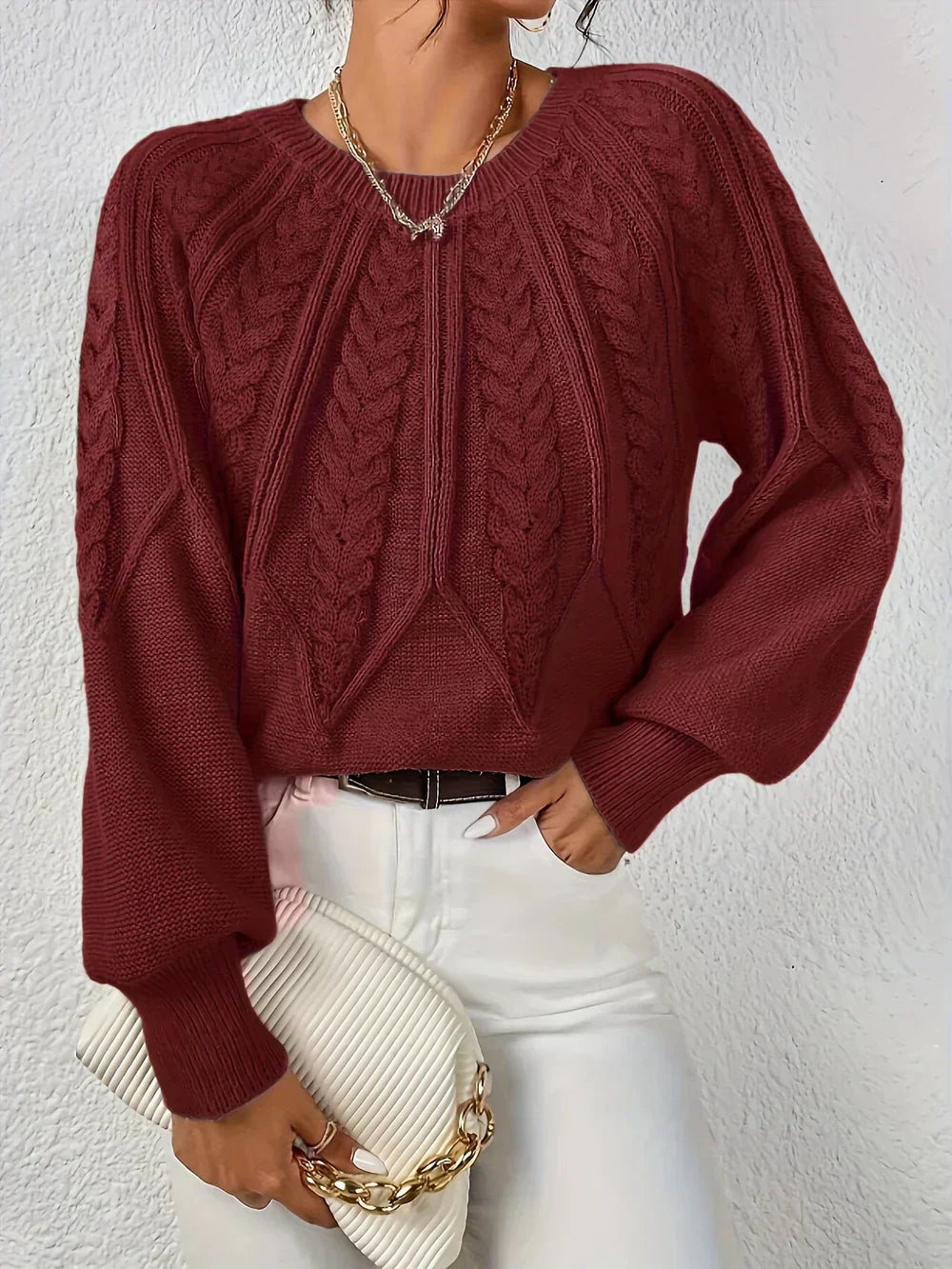 Women's Multi-Color Ribbed Cable Knit Long Sleeve Sweater Red
