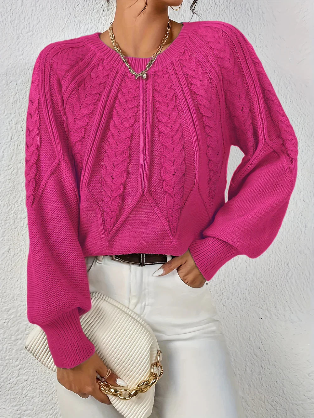 Women's Multi-Color Ribbed Cable Knit Long Sleeve Sweater Pink