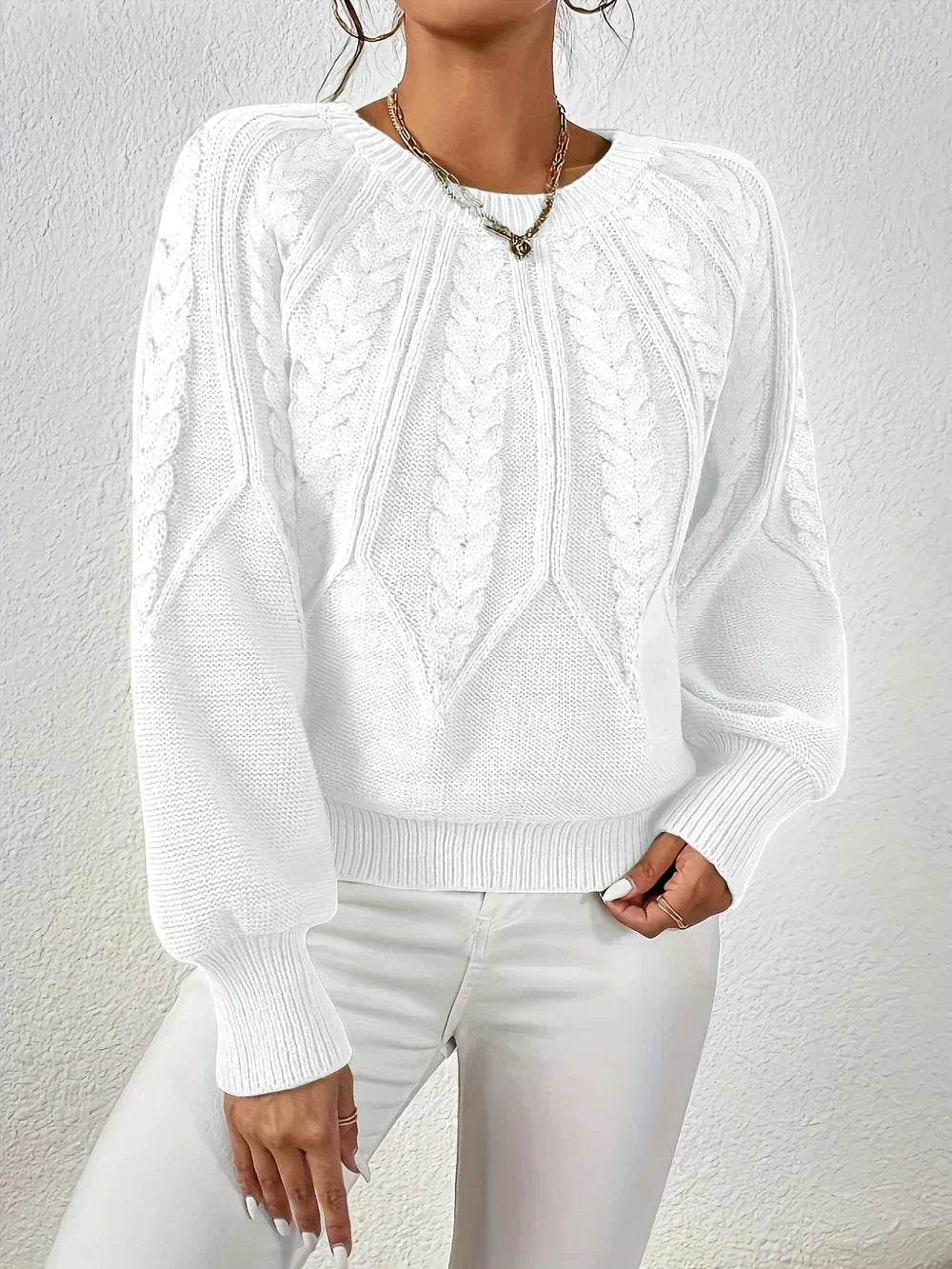 Women's Multi-Color Ribbed Cable Knit Long Sleeve Sweater White