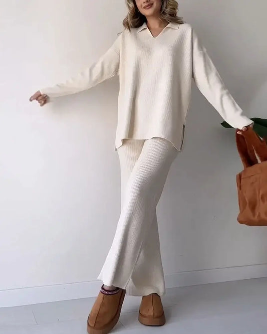 Women's Casual V-Neck Split Knit Two-Piece Outfit for Daily Use Khaki