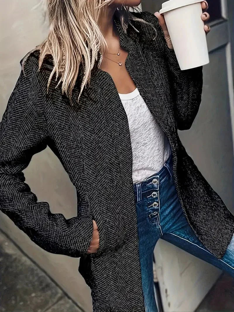 Women's Collarless Long Coat with Open front for effortless wear. Dark Grey