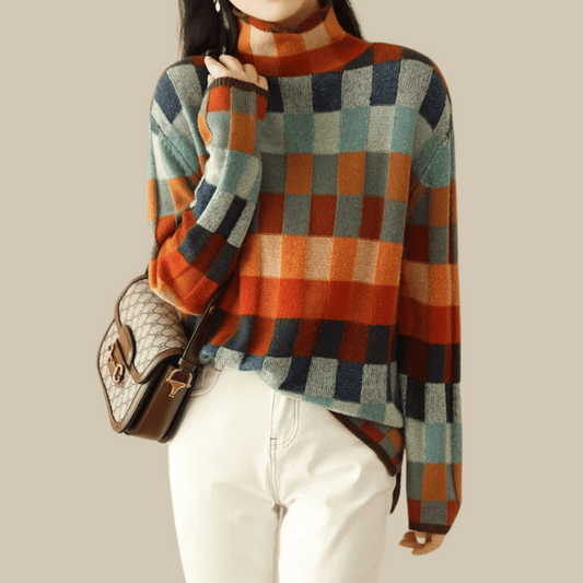 Women's Color Block Turtleneck Sweater for Daily Use Warm Tricolor