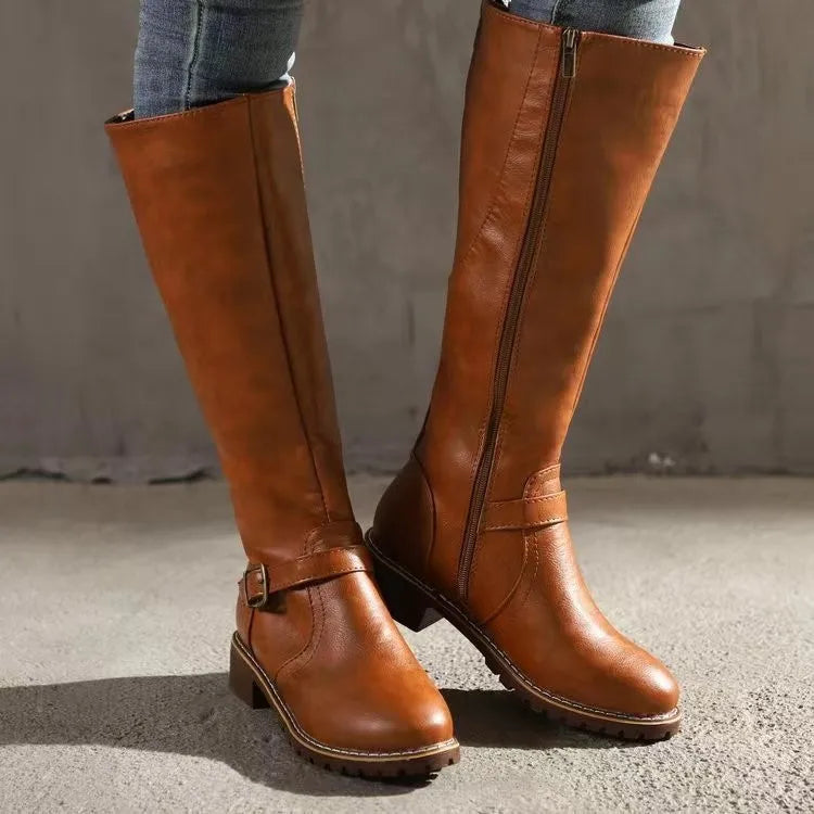 Women's Comfortable Buckle Leather Orthopedic Boots for Daily Use Light Brown