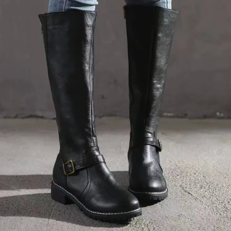 Women's Comfortable Buckle Leather Orthopedic Boots for Daily Use Black