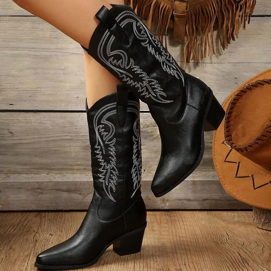 Women's Pointed Toe Mid Calf Cowboy Boots with Contrast Stitching