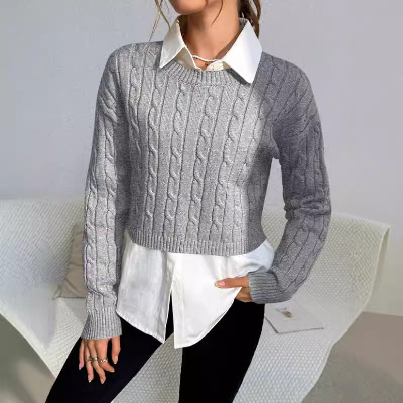 Women's Cropped Cable Knit Sweater for Fall and Winter Everyday Wear Gray