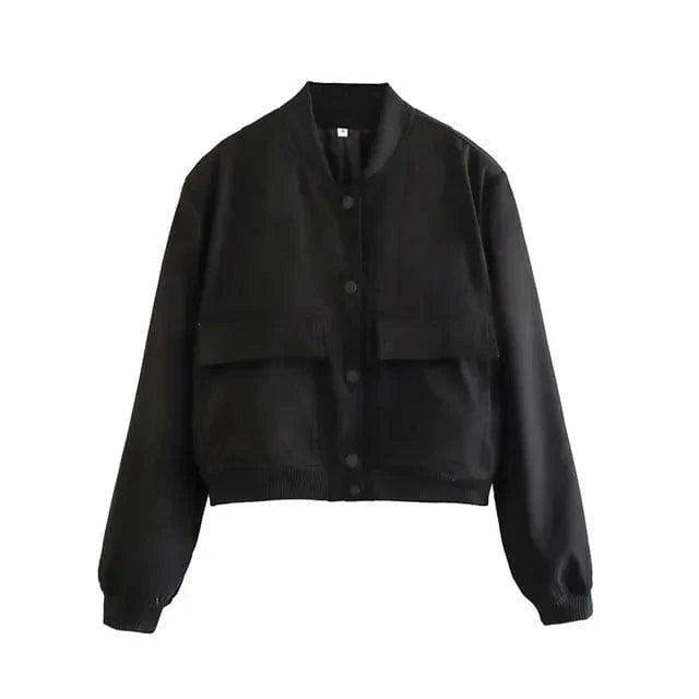 Women's Cropped Casual Bomber Jacket for Fall and Winter Everyday Wear Black