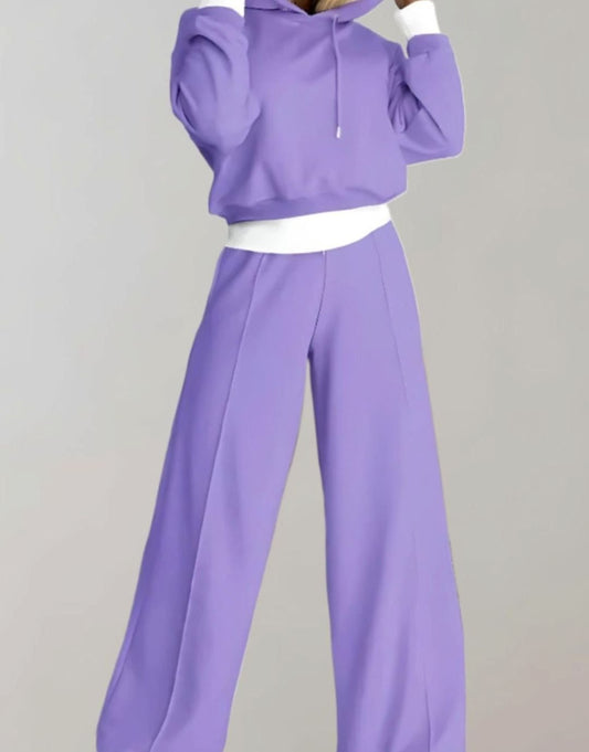 Women's Cropped Hoodie and Wide-Leg Drawstring Pants Set Purple