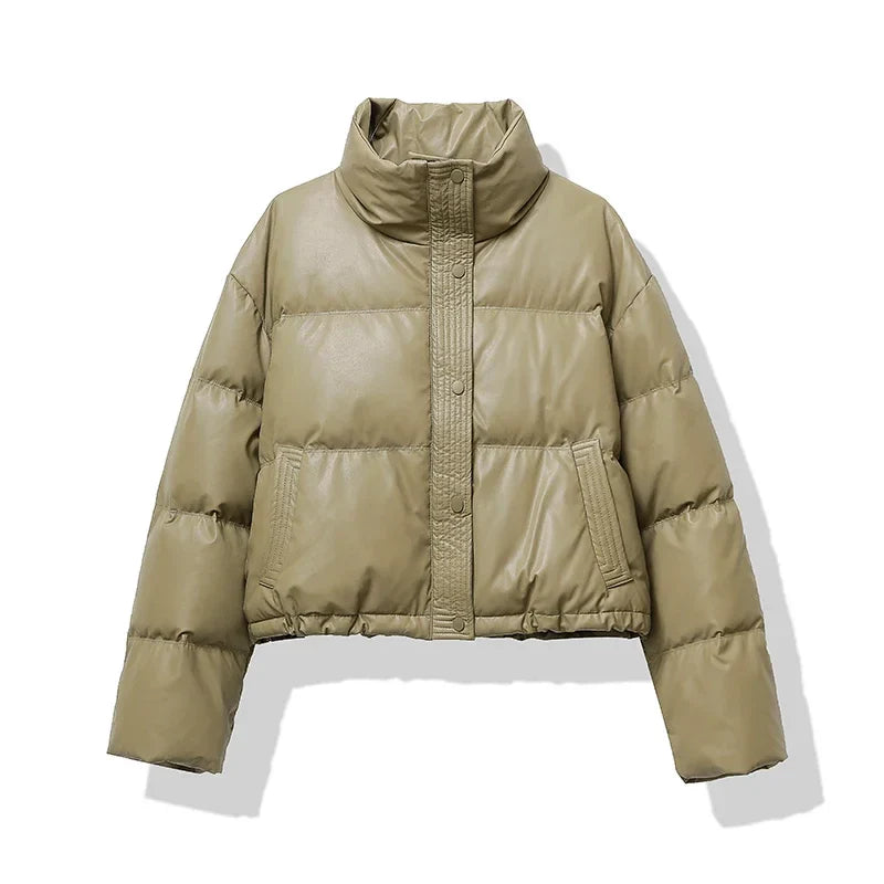 Women's Cropped Puffer Jacket with Button front for easy wear Khaki