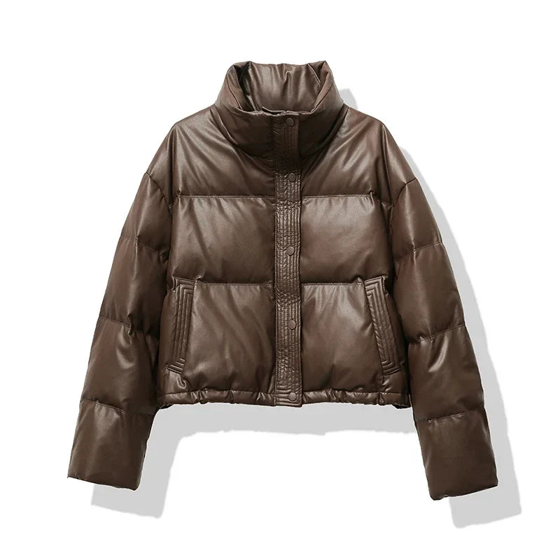 Women's Cropped Puffer Jacket with Button front for easy wear Brown