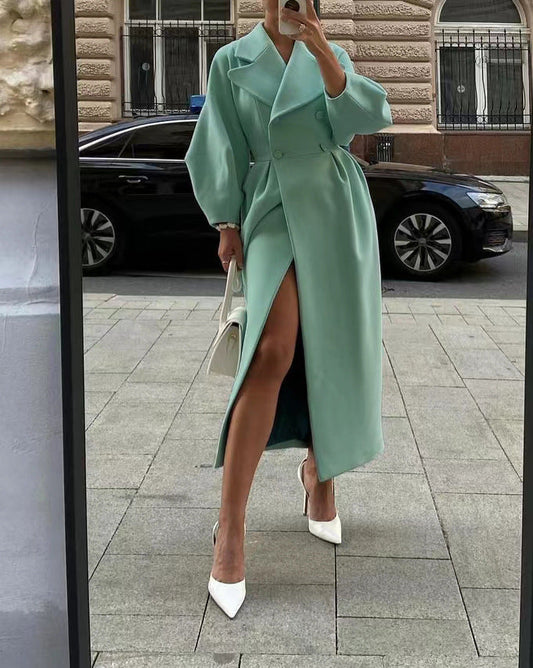 Women's Green Double-Breasted Long Coat for Fall and Winter Green