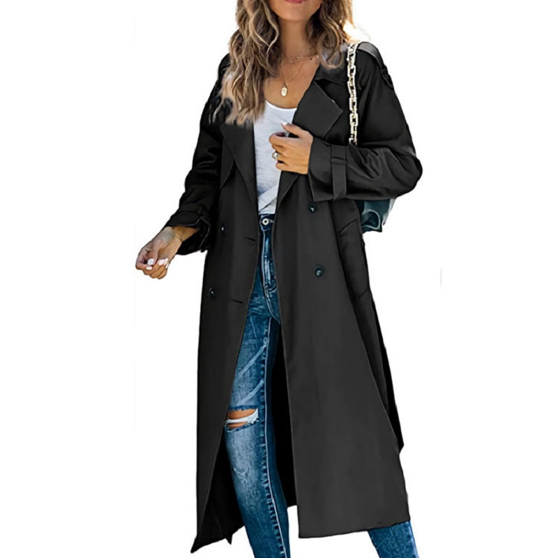 Women's Light Blue Double Breasted Long Coat for Fall and Winter Black